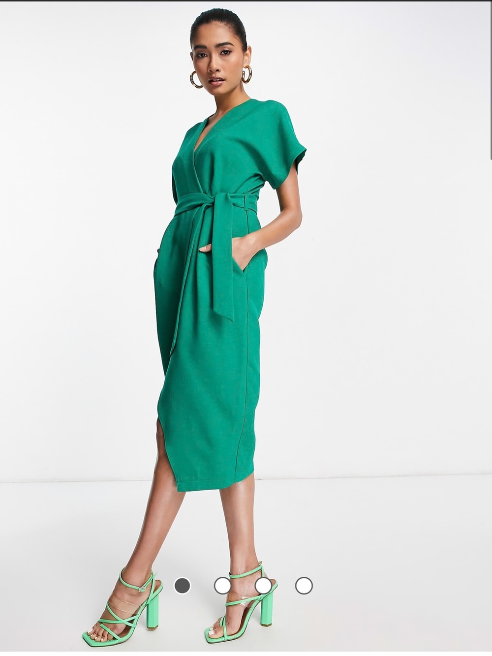 ASOS Closet London Emerald Green V-Neck Wrap Midi Dress with Tie Waist